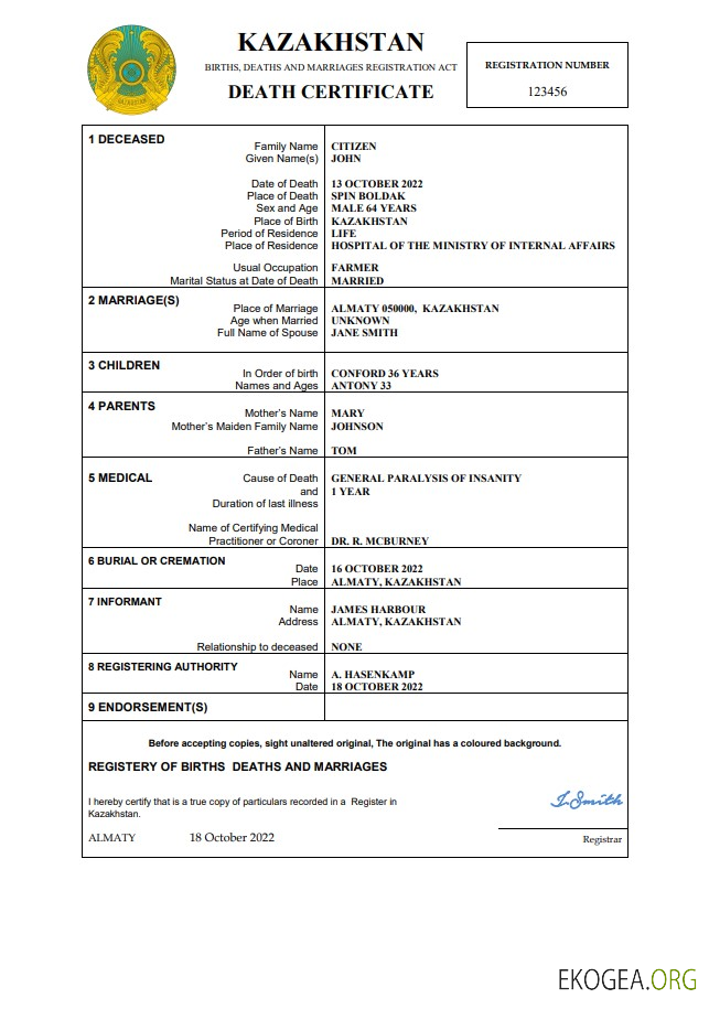 Modèle Word et PDF de certificat de décès du Kazakhstan